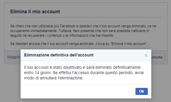 Eliminazione definitiva dell account