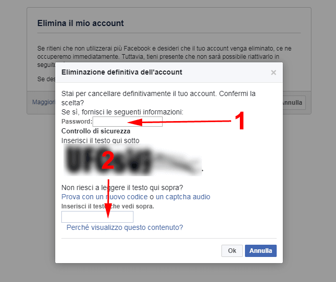 inserisci password facebook e codice captcha