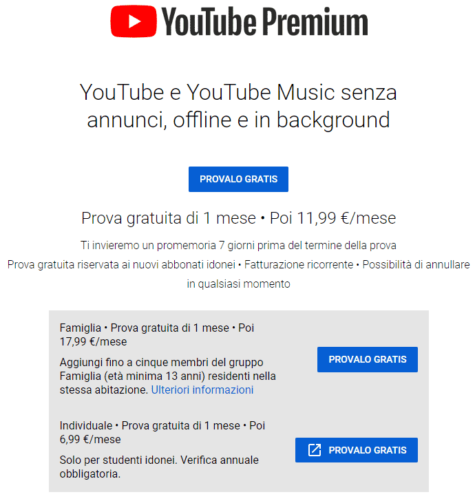 youtube premium costi