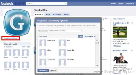 suggerisci agli amici facebook pagina gruppo