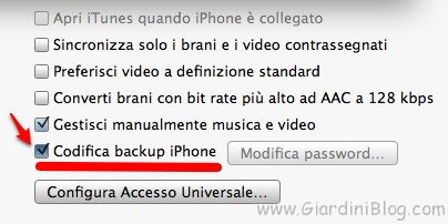 codifica backup iphone