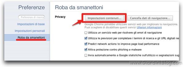 impostazioni contenuti chrome