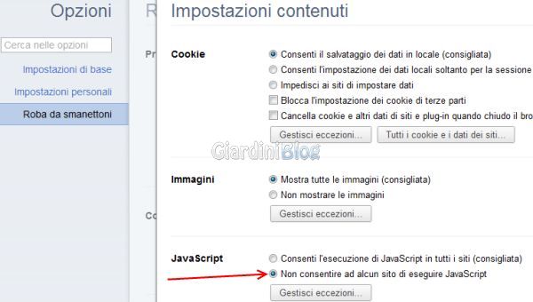 google chrome javascript non consentire ad alcun sito