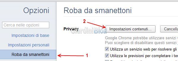 roba da smanettoni impostazione contenuti google chrome