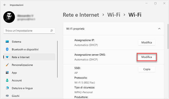 Wifi Proprietà Dns Automatico Windows 11