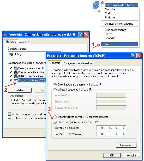 cambiare dns windows xp