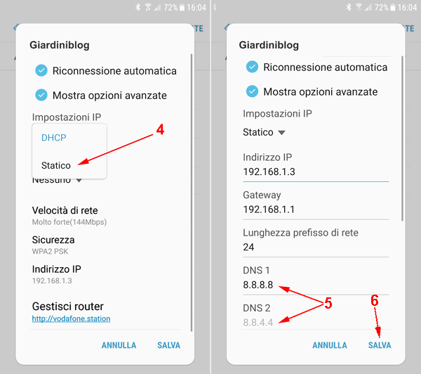 come modificare dns su android