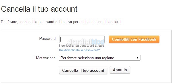 cancella account twoo password