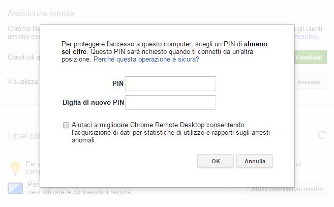 Chrome Remote Desktop connessioni remote pin