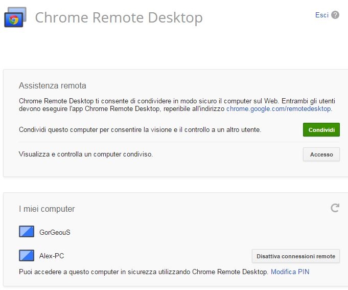 Chrome Remote Desktop i miei computer