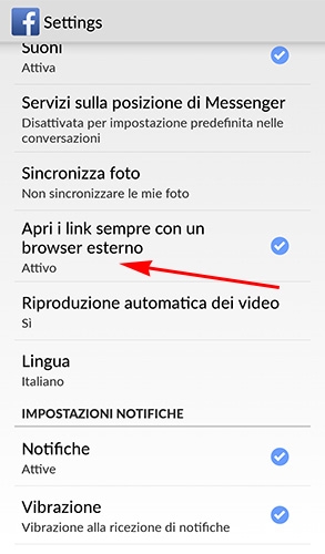 come disattivare browser interno facebook