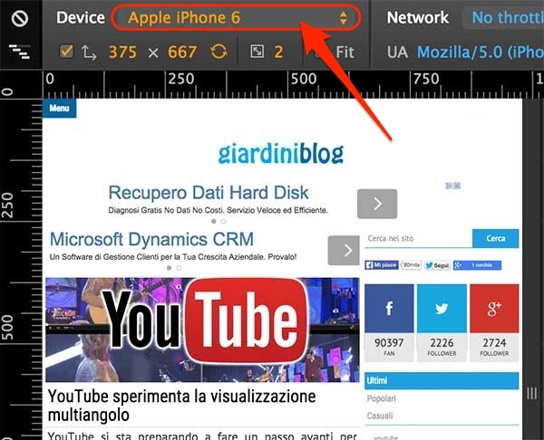 scelta del dispositivo da emulata con google chrome