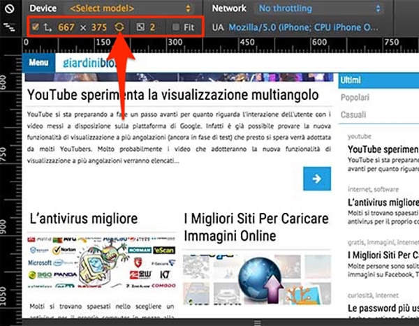 altro trucco per chrome per cambiare orientamento del device emulato