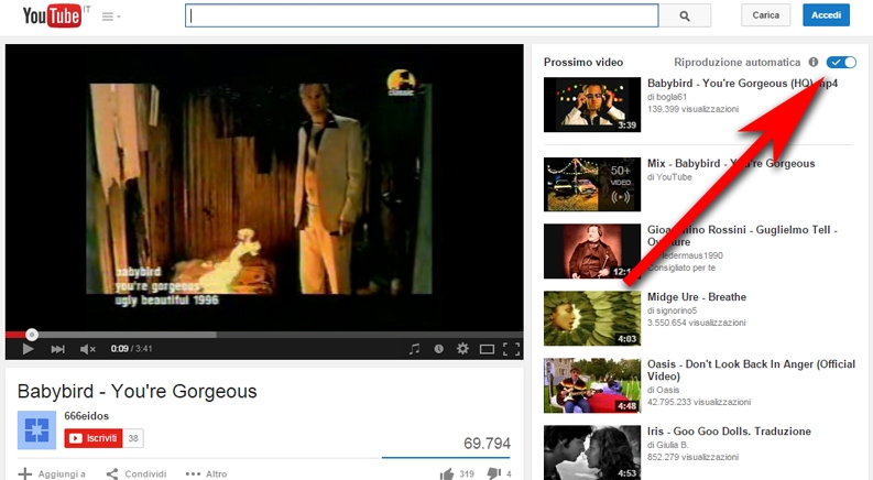 diattivare riproduzione automatica video su youtube