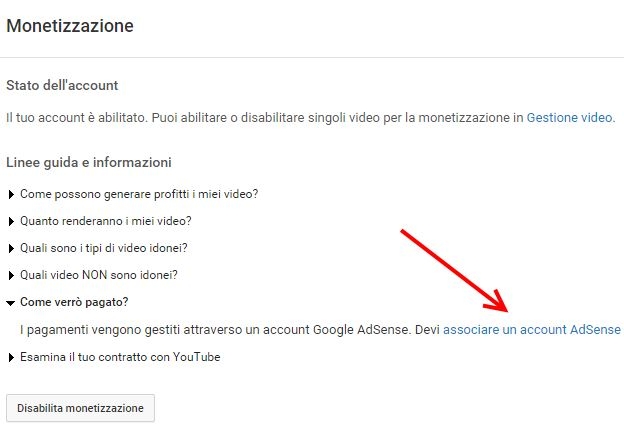 associare account youtube a adsense