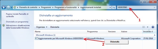 eliminare notifica windows 10 disinstallazione KB3035583