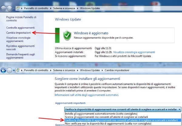 modificare opzione aggiornamenti windows update