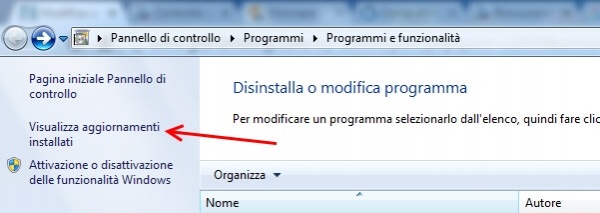 visualizza aggiornamenti installati