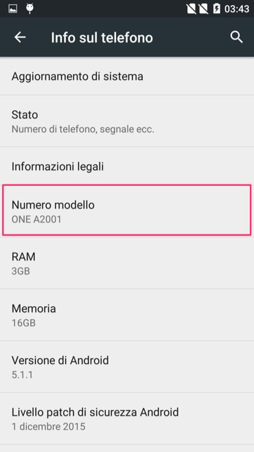 numero e nome del modello android