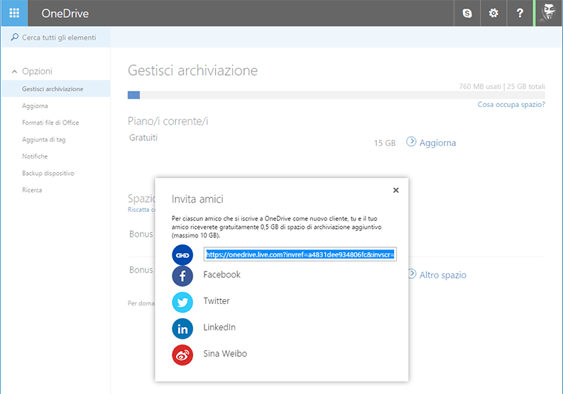 Aumentare spazio gratuito OneDrive link