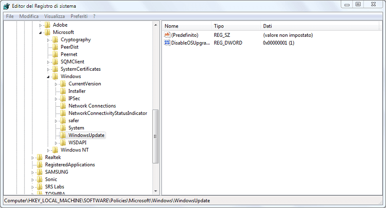 come disattivare aggiornamento a windows 10 registro