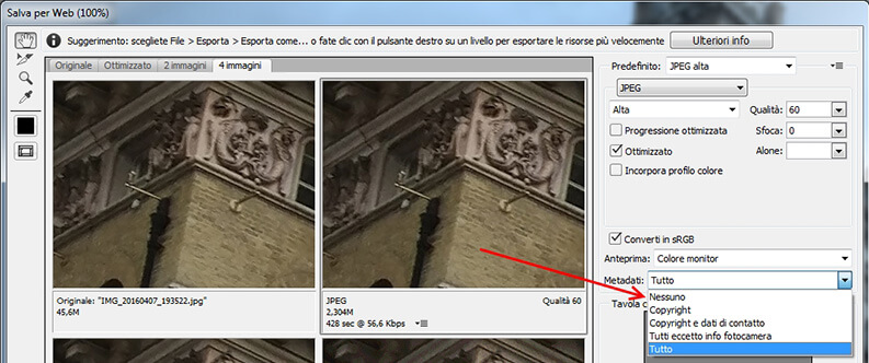 come rimuovere dati exif con photoshop