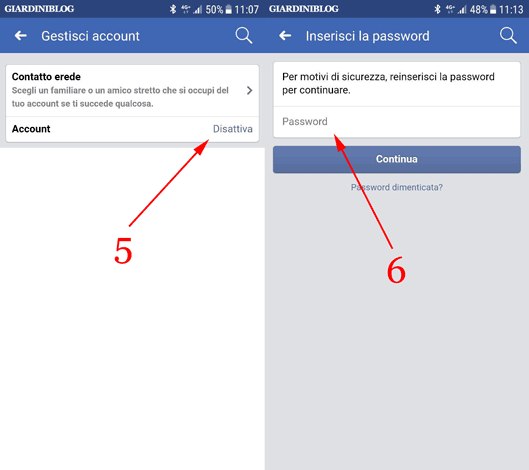 disattiva account facebook