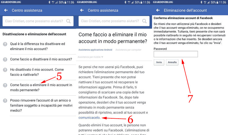 eliminare account e inserire password