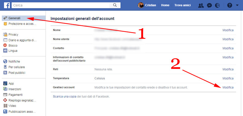 gestisci account facebook