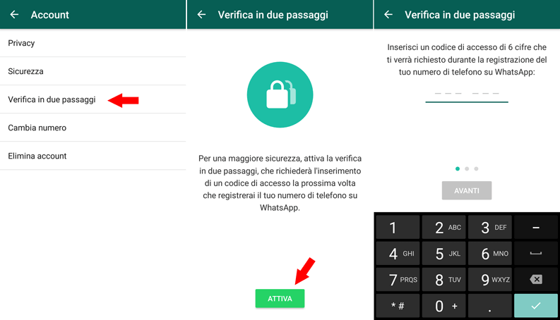 attivare verifica in due passaggi whatsapp