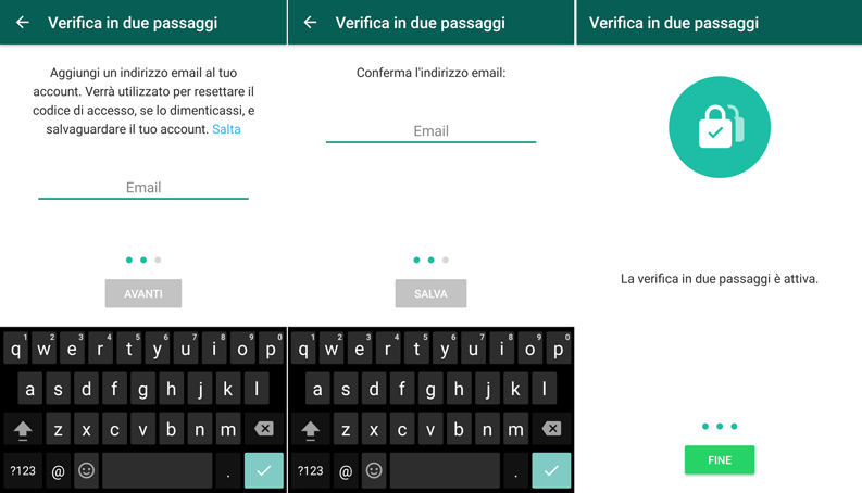 attivare verifica in due passaggi whatsapp