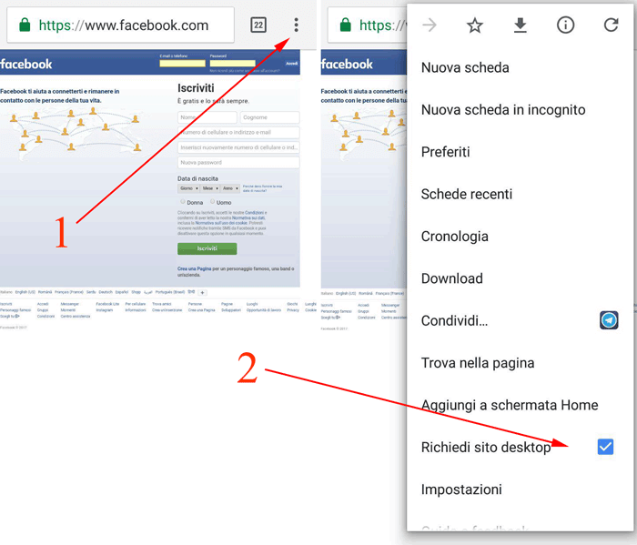 richiedere versione desktop del sito di fb