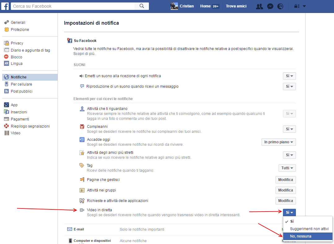 come disattivare notifiche dirette facebook
