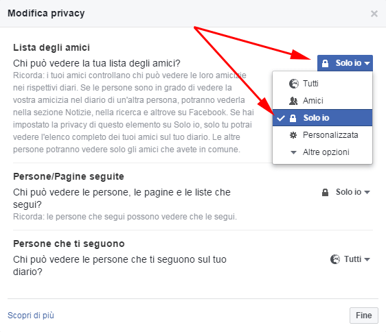 privacy di facebook per lista amici