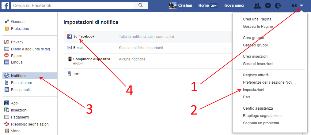 dal computer per disattivare le notifiche di facebook