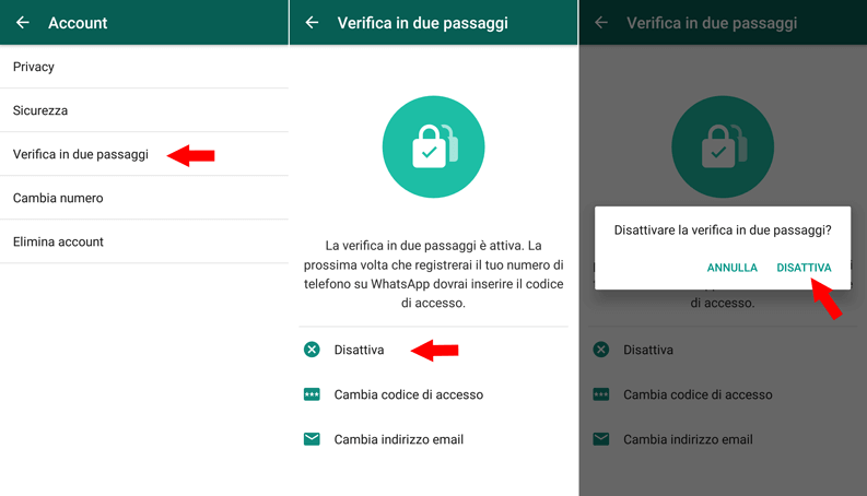 disattivare verifica in due passaggi whatsapp