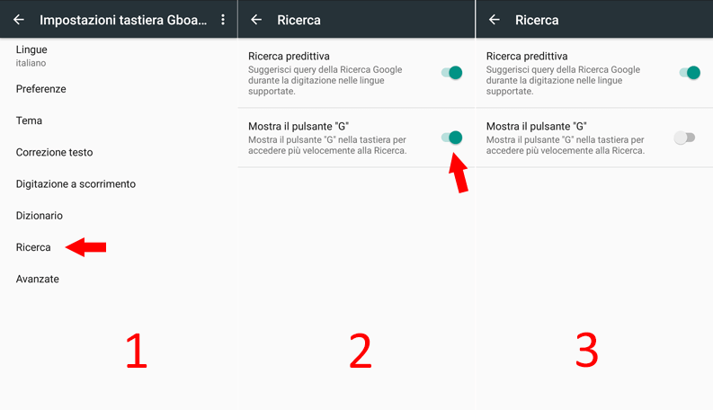 eliminare pulsante G tastiera android gboard
