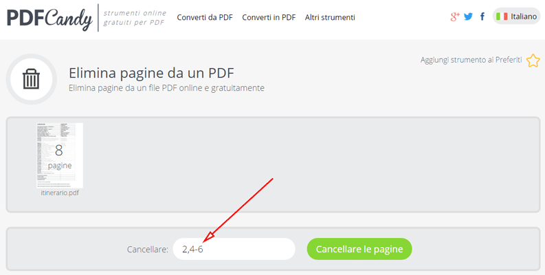 elimina pagine specifiche da file pdf