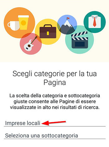 scegli la categoria per la tua pagina facebook