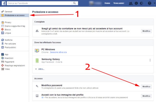 protezione e accesso per modifica password di facebook