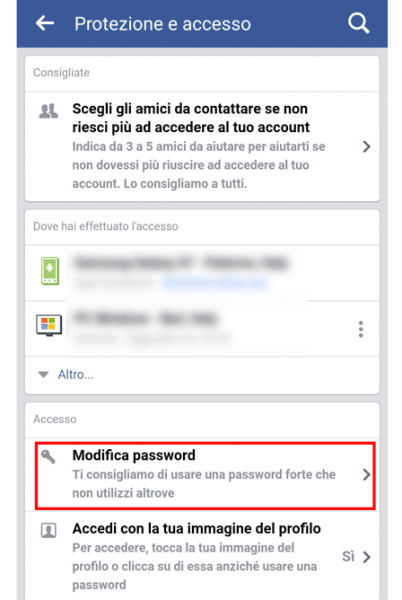 mobile modifica password fb