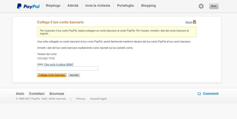 Inserire Iban Bancario a Paypal