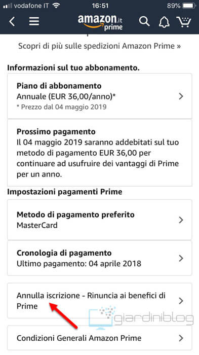 disattivare amazon prime app