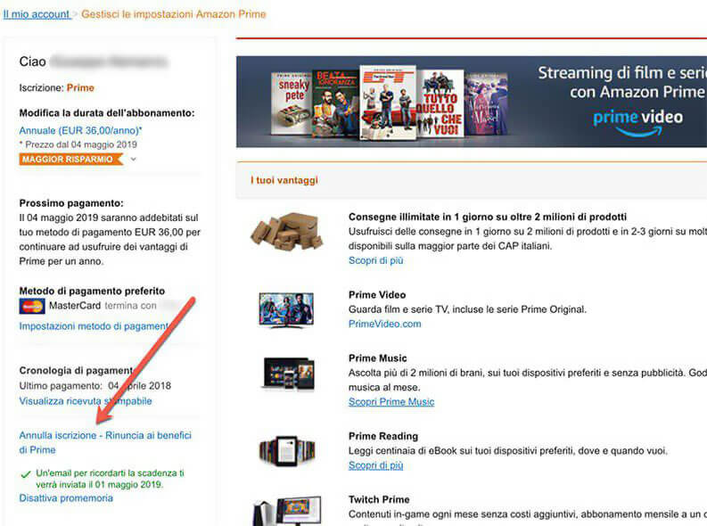 disattivare amazon prime