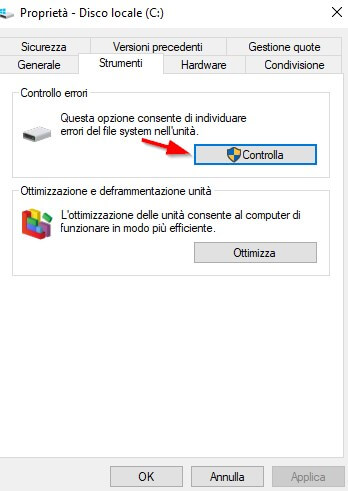 controlla errori Windows 10