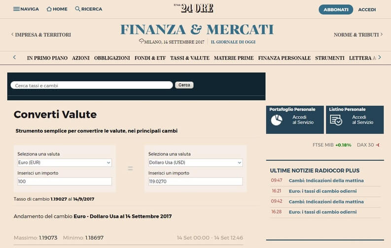 cambio valuta il sole 24 ore