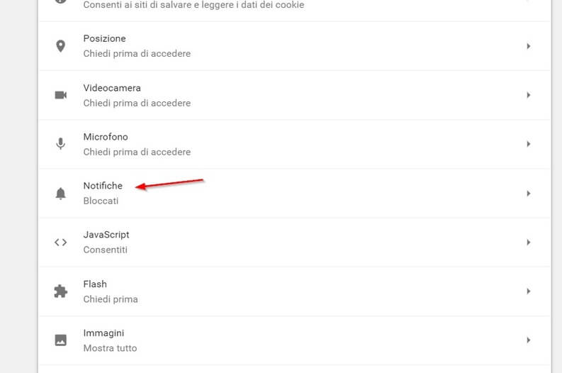 Notifiche > Bloccati nel menu di Google Chrome