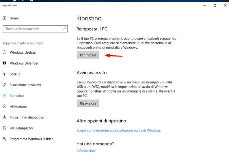 Ripristino Windows 10