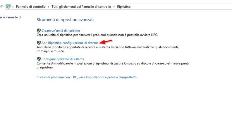 Ripristino configurazione di sistema windows