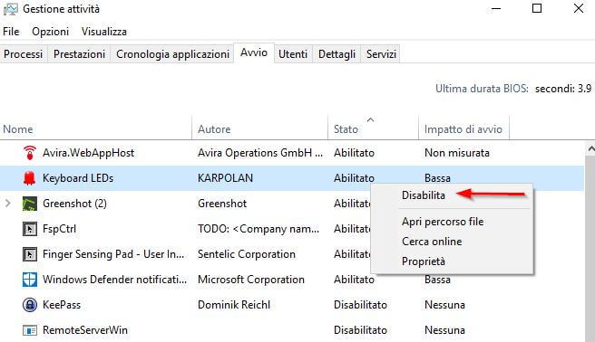 disabilitare avvio automatico programmi windows 10